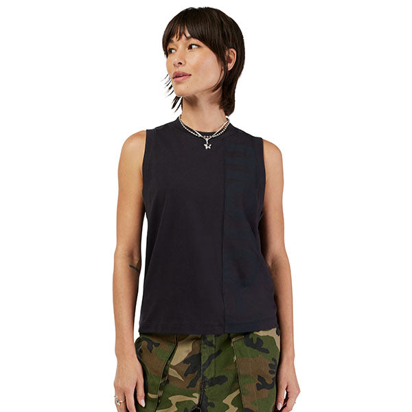 High-resolution studio image of Fox Racing Moto-X Blocked Tank Top; showing sleeveless cut, hem shape, and printed or woven branding; SKU 33596-001-XS
