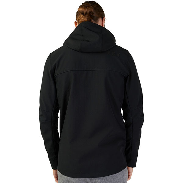 Close-up of Fox logo and fabric texture on Pit Jacket in Black, SKU 33688-001