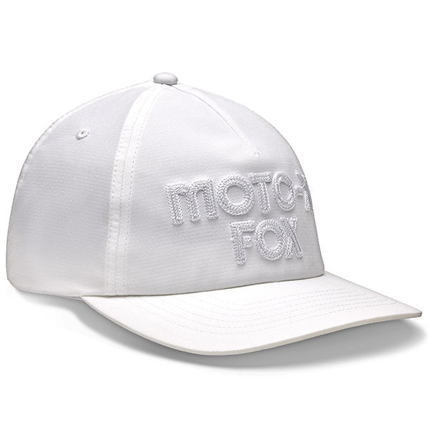 Front view of Fox Racing Women's Moto-X Adjustable Hat in White (SKU: 33577-008), featuring bold Fox embroidery and classic silhouette