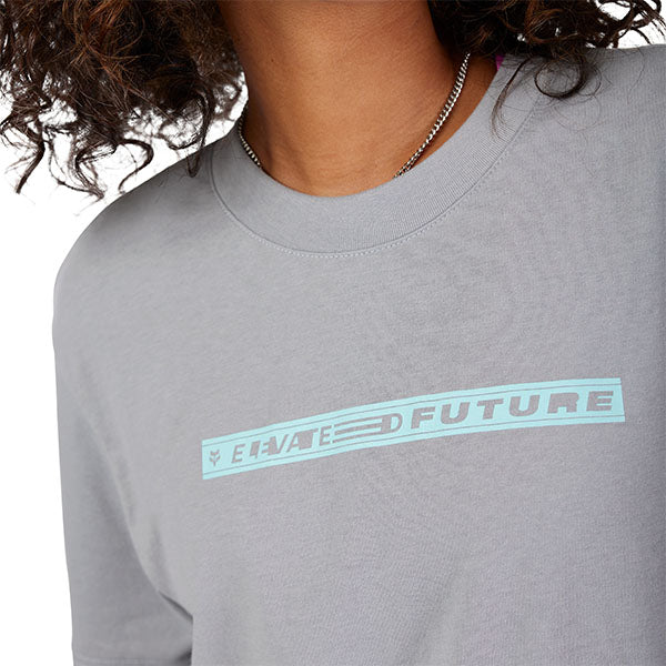 Clean studio shot of Fox Racing Elevated Tee (Womens); showing tee fit, printed graphics, and crew neckline; SKU 33590-008-XS; Colors: White, Steel Gray