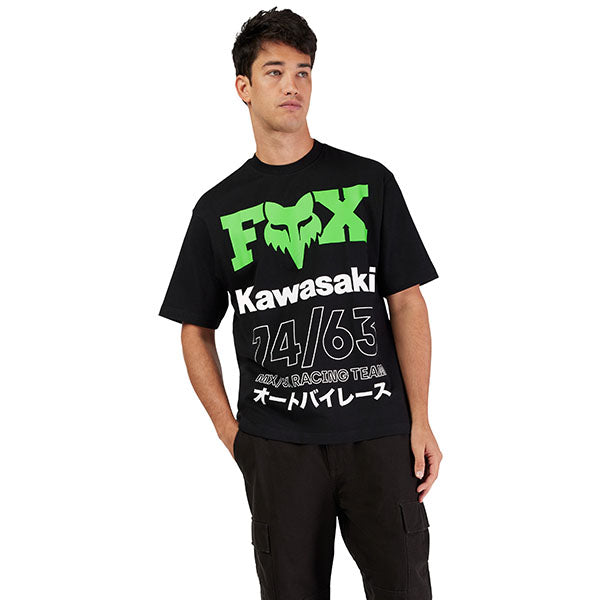 High-resolution studio image of Fox Racing Kawasaki Oversized Tee; showing tee fit, printed graphics, and crew neckline; SKU 33423-001-S; Colors: Black