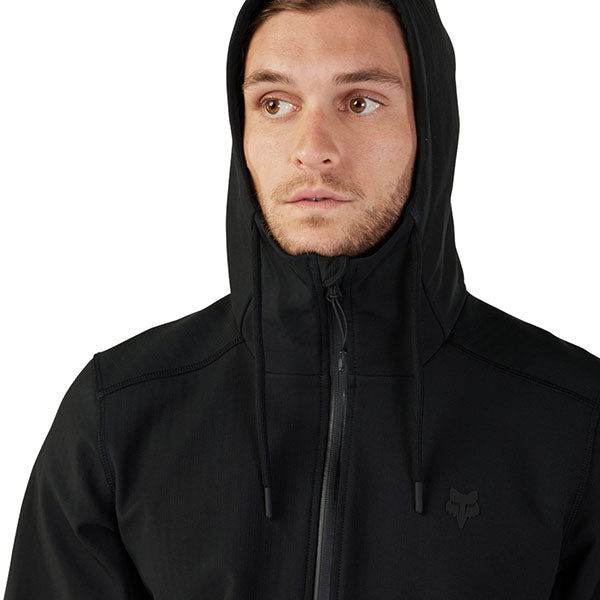 Detail view of YKK waterproof front zipper and chest pocket on Pit Jacket in Black, SKU 33688-001