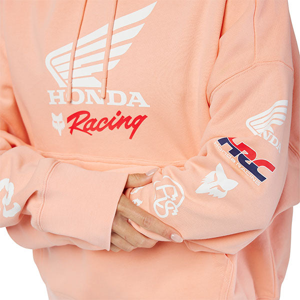 Detail view of drawcord hood and stitching on Pale Pink Fox x Honda Oversized Hoodie, SKU 33574-273