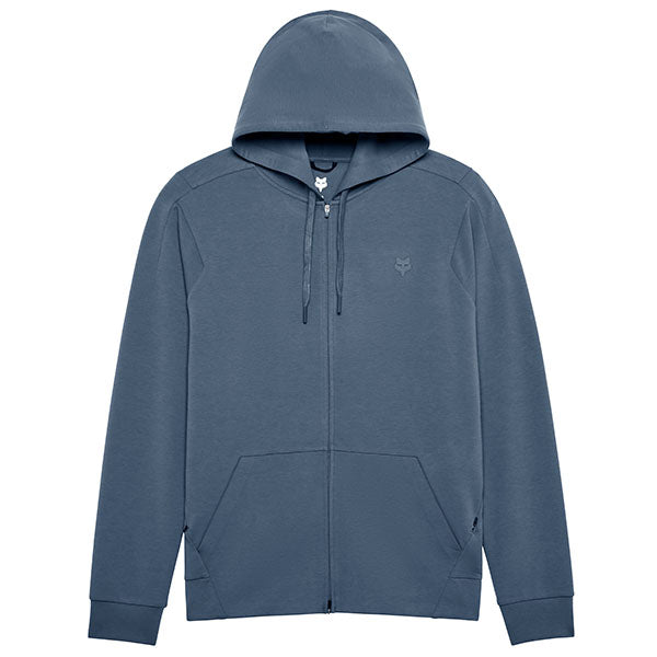 Front view of Fox Racing Rise Zip Hoodie in Citadel Blue, SKU 33686-332, featuring Fox logo and bonded hem details