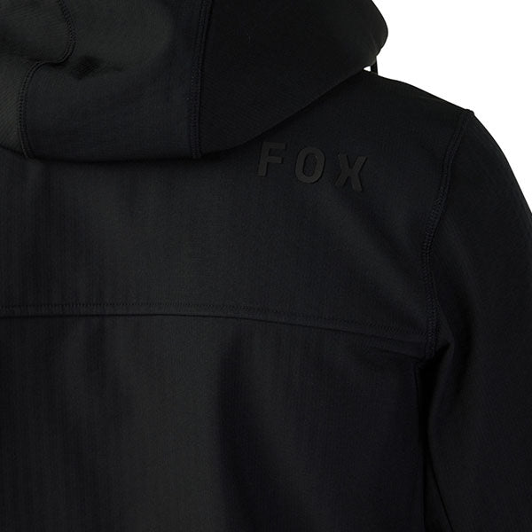 Front angled view of Fox Racing Pit Jacket in Black, SKU 33688-001, showing full-length fit