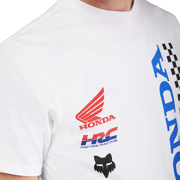 Crisp studio image on a white background of Fox Racing Honda Tee; showing tee fit, printed graphics, and crew neckline; SKU 33422-003-S; Sizes: S-2XL