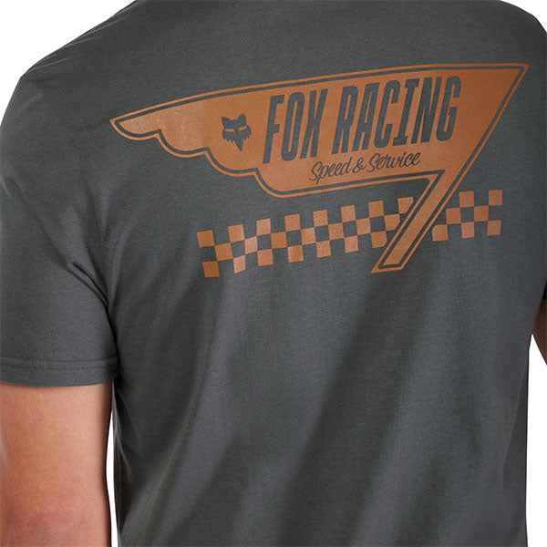 Clean studio shot of Fox Racing Billboard Premium Tee; showing tee fit, printed graphics, and crew neckline; SKU 33431-330-S; Sizes: S-2XL