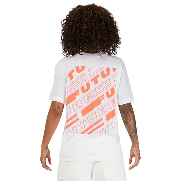 Crisp studio image on a white background of Fox Racing Elevated Tee (Womens); showing tee fit, printed graphics, and crew neckline; SKU 33590-008-XS