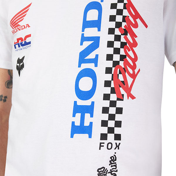 High-resolution studio image of Fox Racing Honda Tee; showing tee fit, printed graphics, and crew neckline; SKU 33422-003-S; Sizes: S-2XL