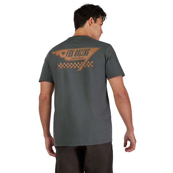 Studio photo on a white background of Fox Racing Billboard Premium Tee; showing tee fit, printed graphics, and crew neckline; SKU 33431-330-S