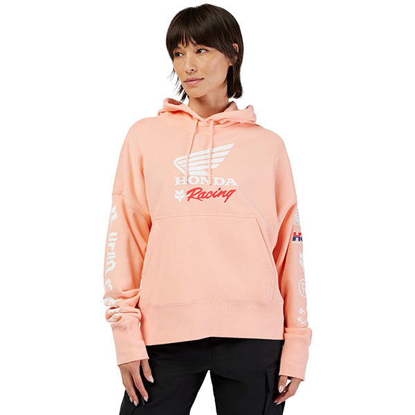 Rear view of Pale Pink Fox x Honda Hoodie, SKU 33574-273, with hood up and dropped shoulders