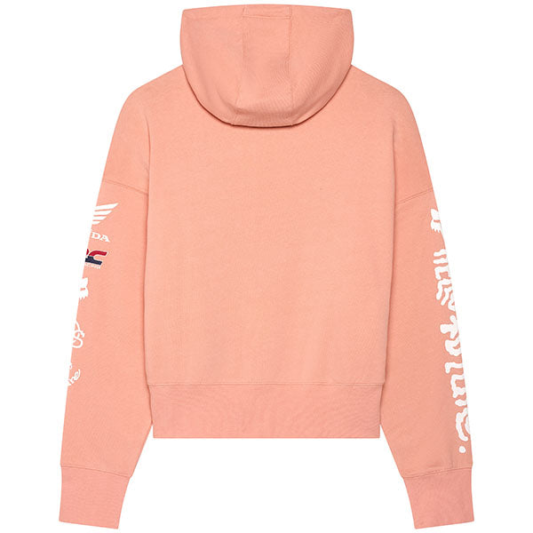 Side view of Pale Pink Fox x Honda Hoodie, SKU 33574-273, showing oversized fit and relaxed sleeve drop
