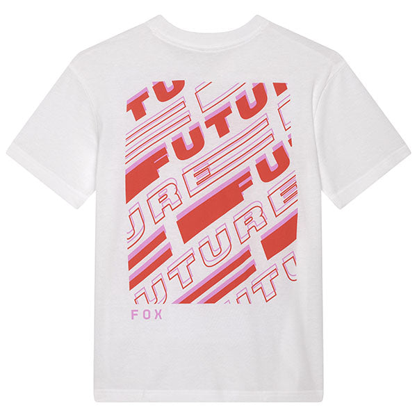 Clean studio shot of Fox Racing Elevated Tee (Womens); showing tee fit, printed graphics, and crew neckline; SKU 33590-008-XS; Colors: White, Steel Gray