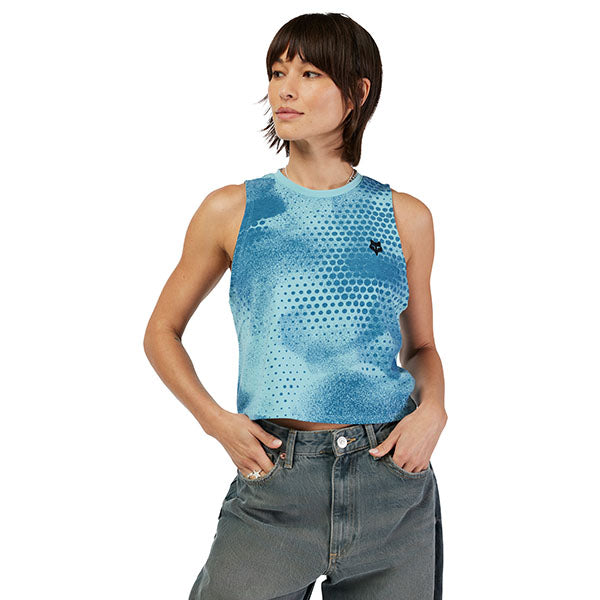 Clean studio shot of Fox Racing AOP Biker Tech Tank Top (Womens); showing sleeveless cut, hem shape, and printed or woven branding; SKU 33595-402 on a model facing forward