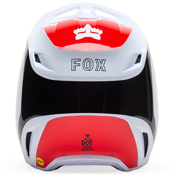 Top-down view of Black/White V1 Flow Helmet (SKU: 33701-077), showing intake vent layout and visor design, sizes XS, SM, MD, LG, XL, size XS, sizes XS to XL.