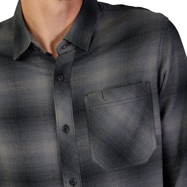 Professional studio photo of Fox Racing Survivalist Flannel Shirt; showing flannel shirt fit, button front, and plaid pattern; SKU 31737-001-S