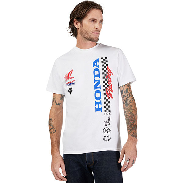 Clean studio shot of Fox Racing Honda Tee; showing tee fit, printed graphics, and crew neckline; SKU 33422-003-S; Colors: Red, Black, Optic White