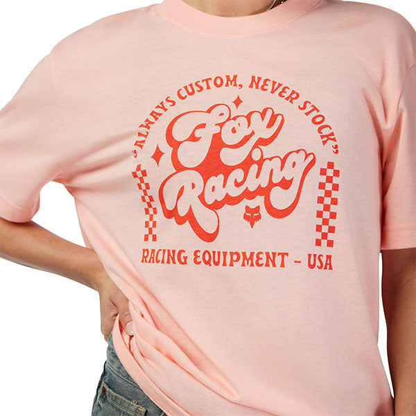 High-resolution studio image of Fox Racing Never Stock Tee (Womens); showing tee fit, printed graphics, and crew neckline; SKU 33589-273-XS; Sizes: XS-XL