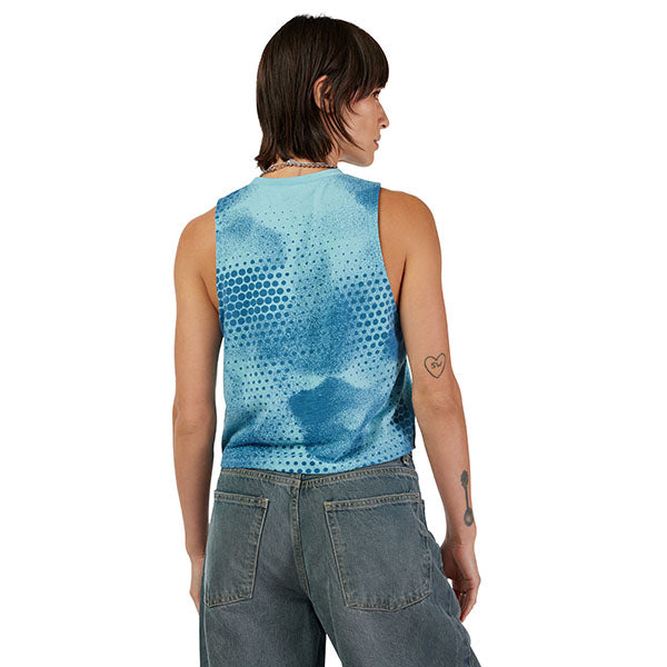 Crisp studio image of Fox Racing - AOP Biker Tech Tank Top (Womens) on a model with a white background; showing sleeveless cut, hem shape, and printed or woven branding; SKU 33595-402