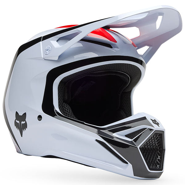 Left side profile of Black/White V1 Flow Helmet (SKU: 33701-077), showing vent placement and graphic design, sizes XS, SM, MD, LG, XL, size XS, sizes XS to XL.