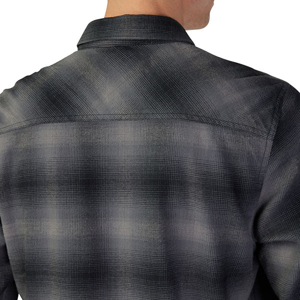 Crisp studio image on a white background of Fox Racing; showing flannel shirt fit, button front, and plaid pattern; SKU 31737-180-S