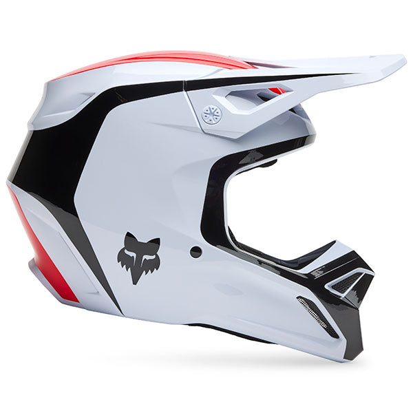 Front view of Fox Racing SKU 33701-077XS V1 Flow Helmet in Black and White (SKU: 33701-077), featuring sleek shell and white graphic accents, sizes XS, SM, MD, LG, XL, size XS, sizes XS to XL.