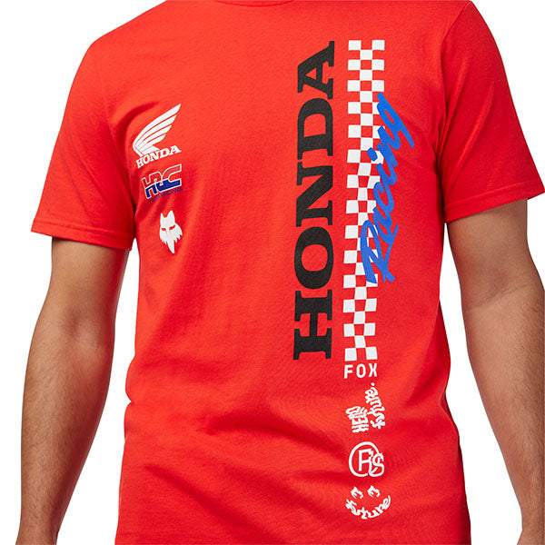 Clean studio shot of Fox Racing Honda Tee; showing tee fit, printed graphics, and crew neckline; SKU 33422-003-S; Colors: Red, Black, Optic White