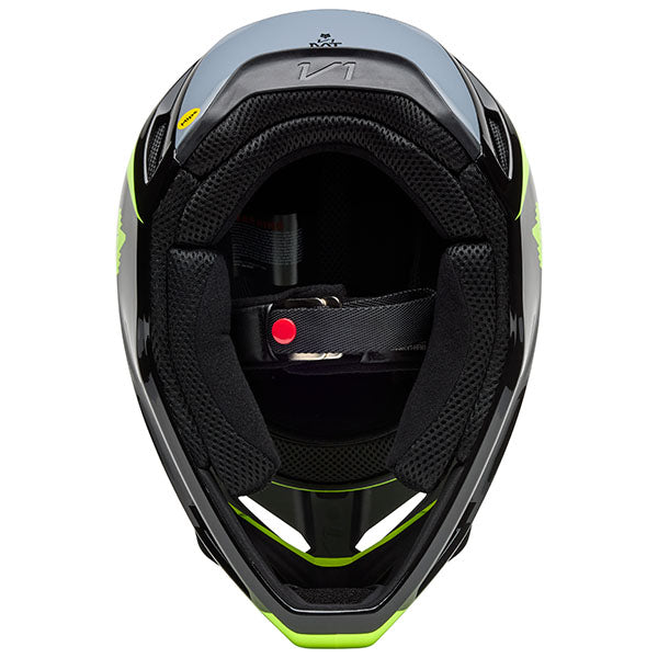 Interior view of Black/Green V1 Flow Helmet (SKU: 33701-019), showing MIPS® liner and padded cheek structure, sizes XS, SM, MD, LG, XL, size XS, sizes XS to XL.