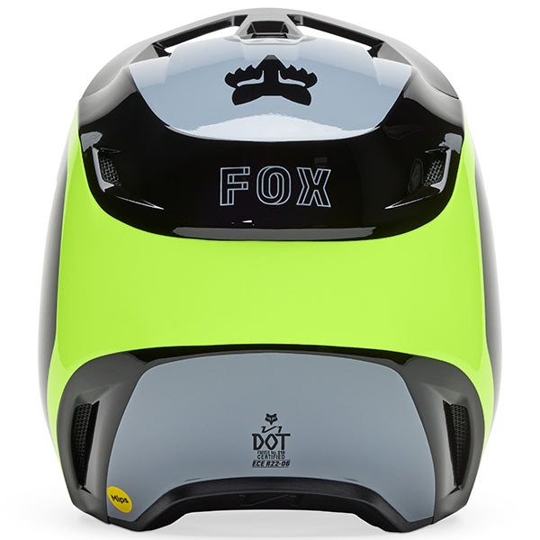 Top-down view of Black/Green V1 Flow Helmet (SKU: 33701-019), showing intake vent layout and visor design, sizes XS, SM, MD, LG, XL, size XS, sizes XS to XL.