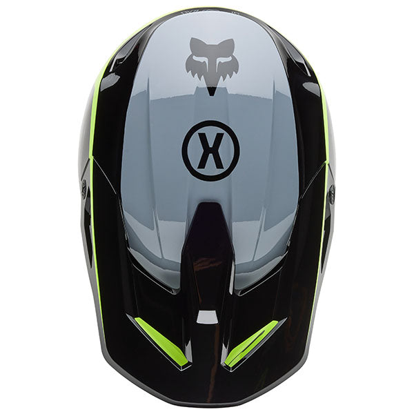Rear view of Black/Green V1 Flow Helmet (SKU: 33701-019), highlighting exhaust vents and back shell graphics, sizes XS, SM, MD, LG, XL, size XS, sizes XS to XL.