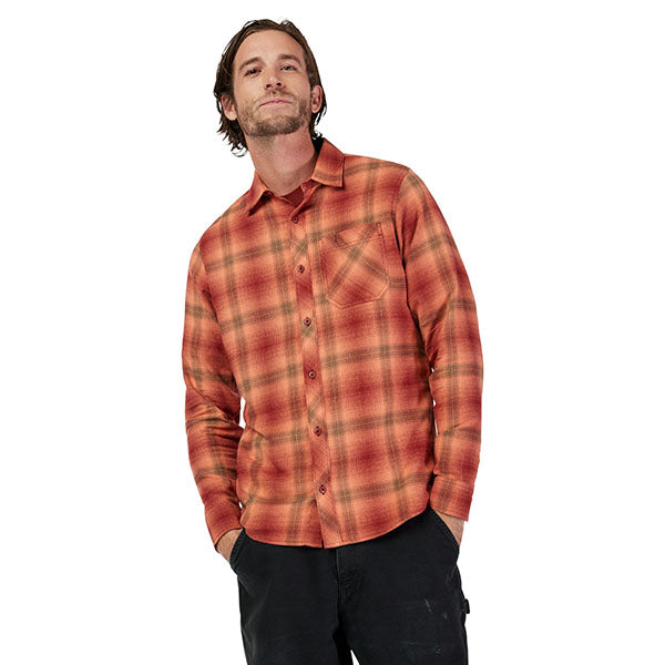 Clean studio shot of Fox Racing Survivalist Flannel Shirt; showing flannel shirt fit, button front, and plaid pattern; SKU 31737-001-S; Sizes: S-2XL