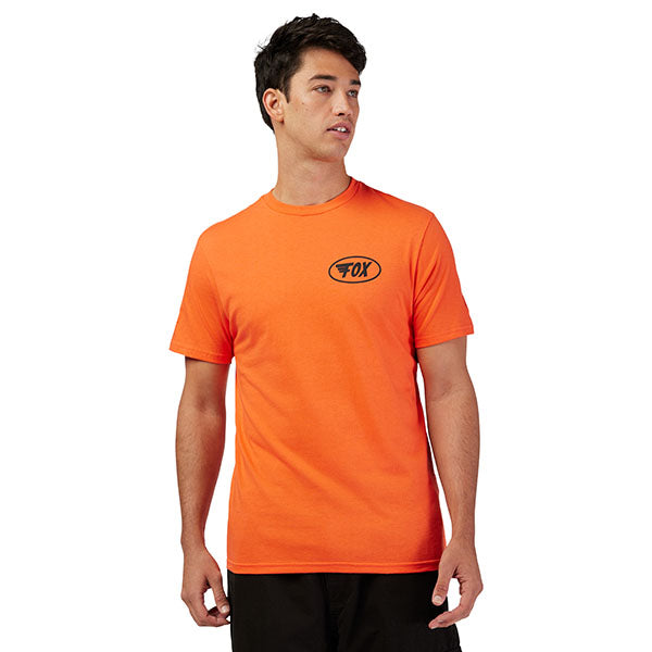 Clean studio shot of Fox Racing Fox Wing Premium Tee; showing tee fit, printed graphics, and crew neckline; SKU 33430-190-S; Sizes: S-2XL