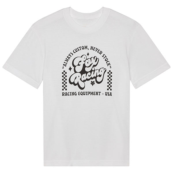 Studio photo on a white background of Fox Racing Never Stock Tee (Womens); showing tee fit, printed graphics, and crew neckline; SKU 33589-273-XS