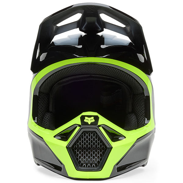 Right side profile of Black/Green V1 Flow Helmet (SKU: 33701-019), highlighting shell contour and graphic symmetry, sizes XS, SM, MD, LG, XL, size XS, sizes XS to XL.