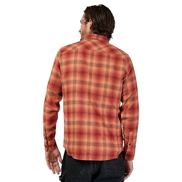Professional studio photo of Fox Racing Survivalist Flannel Shirt; showing flannel shirt fit, button front, and plaid pattern; SKU 31737-001-S