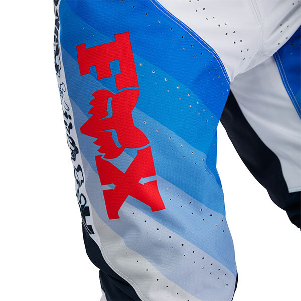 Close-up of waistband and buckle system on Fox Racing 360 Fade Pants in White and Blue (SKU: 33541-059)