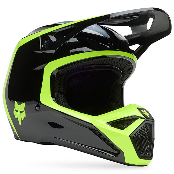 Left side profile of Black/Green V1 Flow Helmet (SKU: 33701-019), showing vent layout and bold green graphics, sizes XS, SM, MD, LG, XL, size XS, sizes XS to XL.