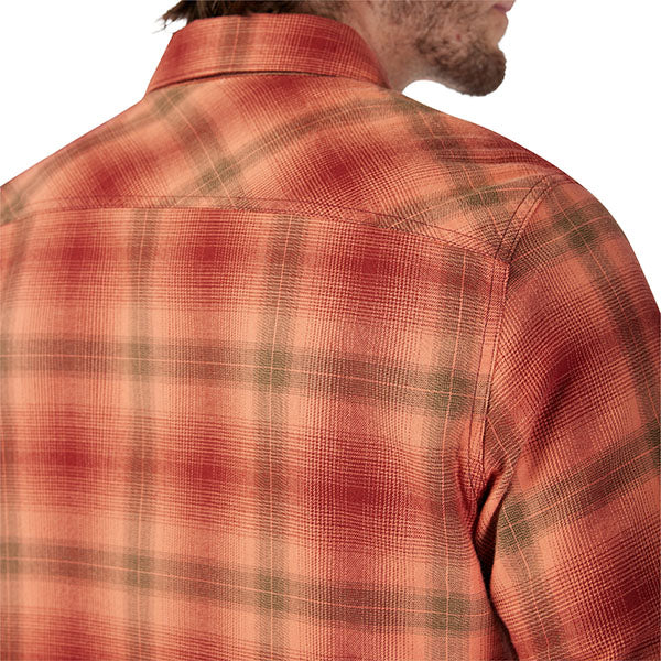 Crisp studio image on a white background of Fox Racing Survivalist Flannel Shirt; showing flannel shirt fit, button front, and plaid pattern