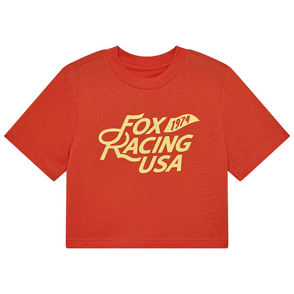 Studio photo on a white background of Fox Racing Fox USA Baby Tee (Womens); showing tee fit, printed graphics, and crew neckline; SKU 33588-329-XS