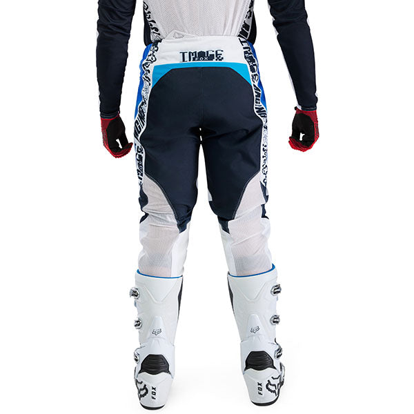 Rear view of Fox Racing 360 Fade Pants in White and Blue (SKU: 33541-059), highlighting abrasion-resistant knee panels