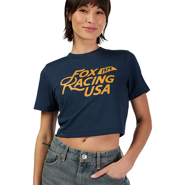 Crisp studio image on a white background of Fox Racing Fox USA Baby Tee (Womens); showing tee fit, printed graphics, and crew neckline; SKU 33588-329-XS