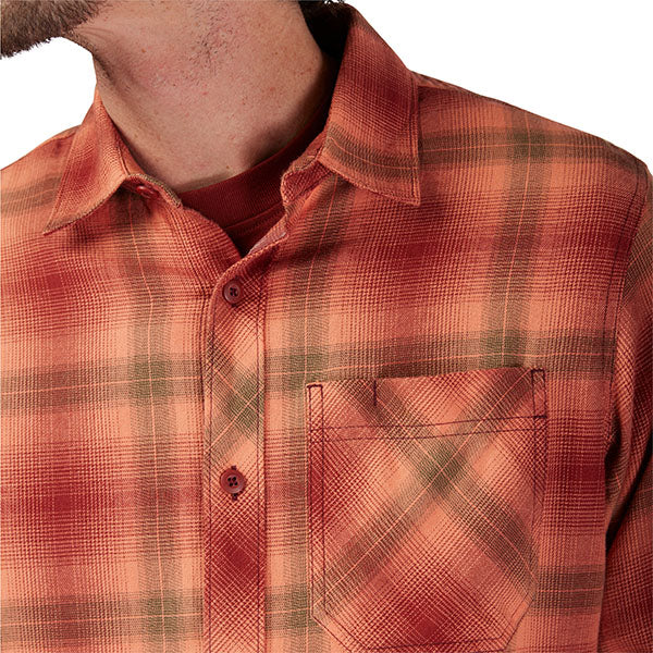 Studio photo on a white background of Fox Racing Survivalist Flannel Shirt; showing flannel shirt fit, button front, and plaid pattern; SKU 31737-001-S