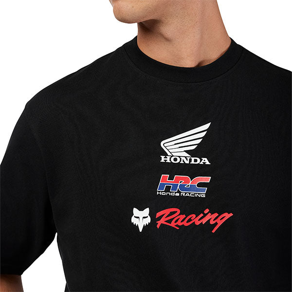 Studio photo on a white background of Fox Racing Honda Oversized Tee; showing tee fit, printed graphics, and crew neckline; SKU 33421-001-S; Sizes: S-2XL
