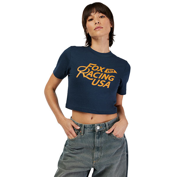 Professional studio photo of Fox Racing Fox USA Baby Tee (Womens); showing tee fit, printed graphics, and crew neckline; SKU 33588-329-XS; Sizes: XS-XL
