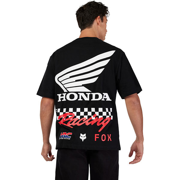 High-resolution studio image of Fox Racing Honda Oversized Tee; showing tee fit, printed graphics, and crew neckline; SKU 33421-001-S; Colors: Black