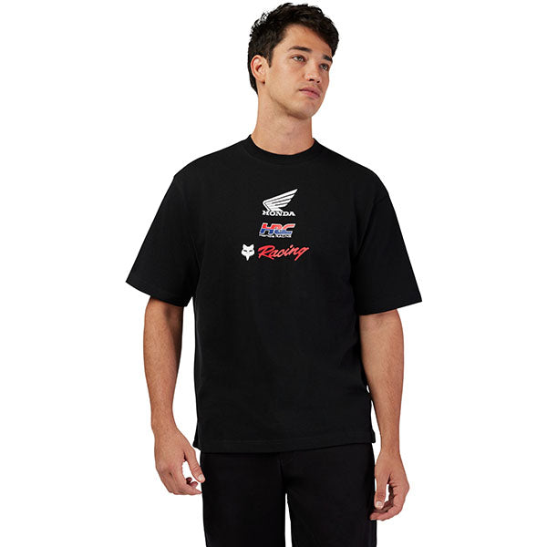 Crisp studio image on a white background of Fox Racing Honda Oversized Tee; showing tee fit, printed graphics, and crew neckline; SKU 33421-001-S