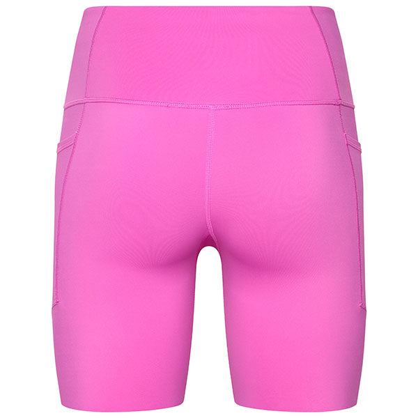 Rear view of Fox Racing Women's Motive Biker Shorts in Magenta (SKU: 33581-576), showing back stash pocket and seam detail