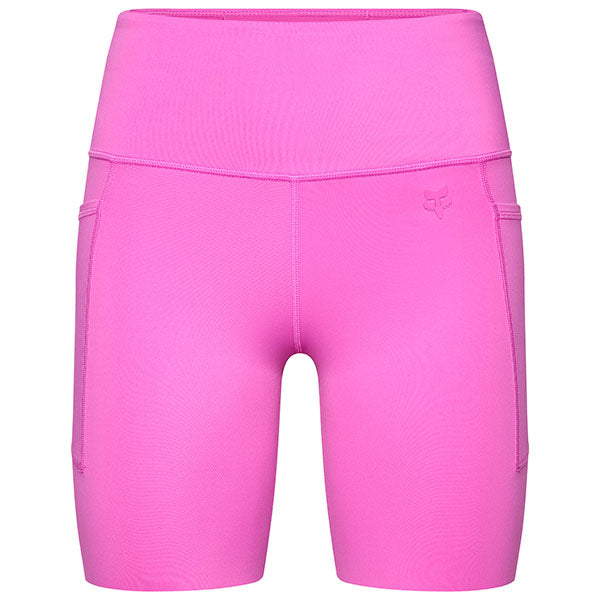 Front view of Fox Racing Women's Motive Biker Shorts in Magenta (SKU: 33581-576), featuring moisture-wicking fabric and high waist