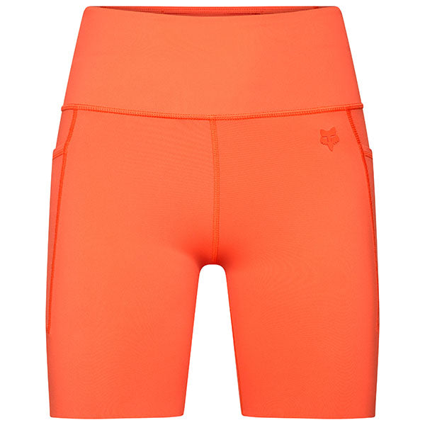 Front view of Fox Racing Women's Motive Biker Shorts in Blood Orange (SKU: 33581-472), featuring high-rise waistband and breathable stretch fabric
