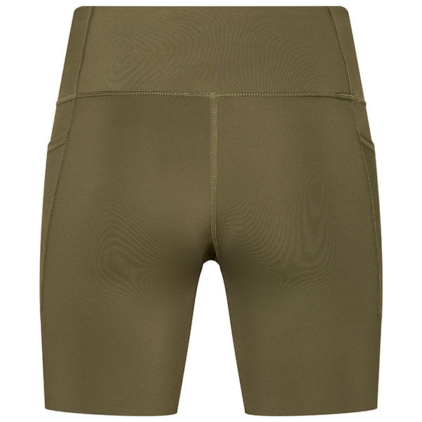 Rear view of Fox Racing Women's Motive Biker Shorts in Olive Green (SKU: 33581-099), showing back pocket and seam construction